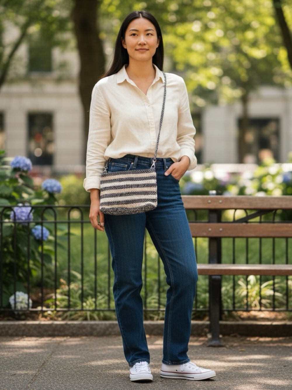 The Sak Lumi Crocheted Stripe Shoulder Bag in Black and Cream
